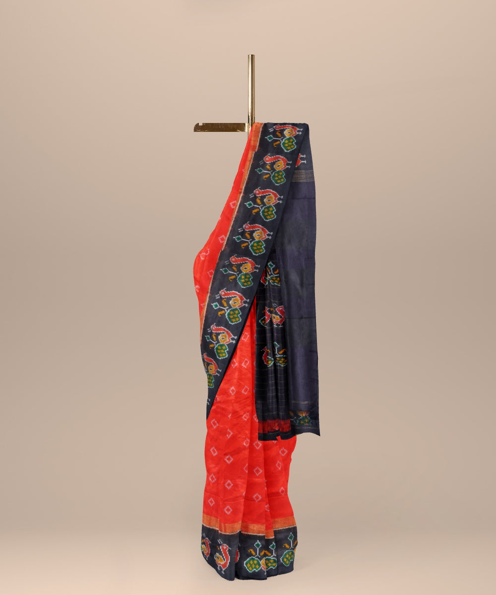 Orange black handwoven pochampally ikat silk saree