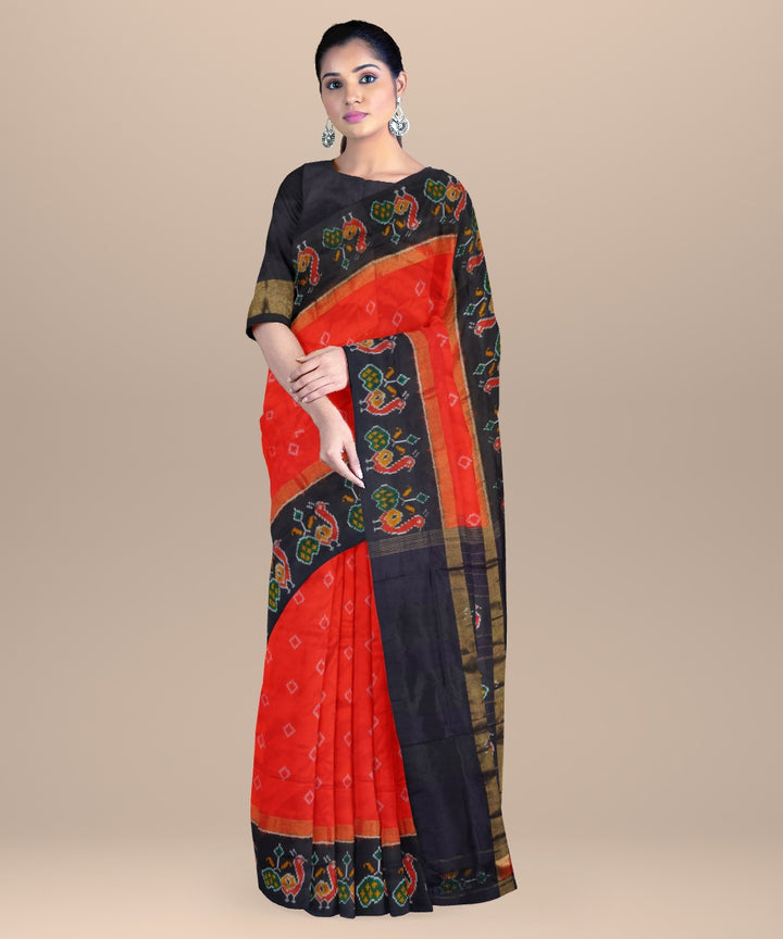 Orange black handwoven pochampally ikat silk saree