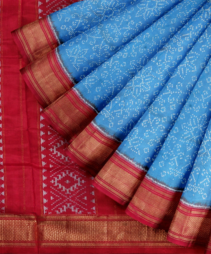 Sky blue red handwoven pochampally ikat silk saree