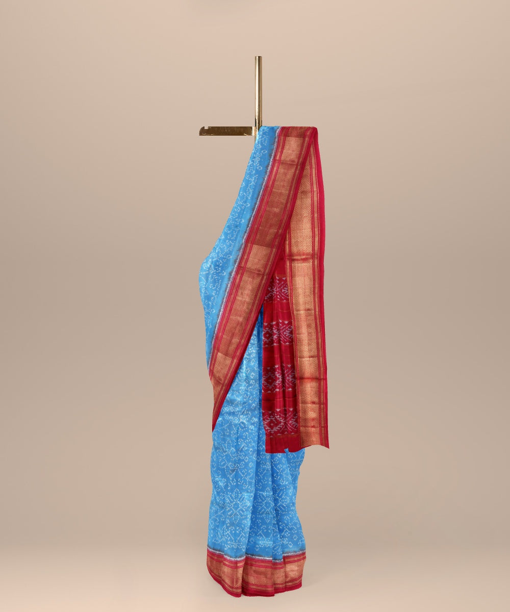 Sky blue red handwoven pochampally ikat silk saree