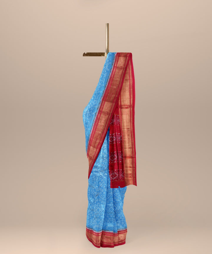 Sky blue red handwoven pochampally ikat silk saree