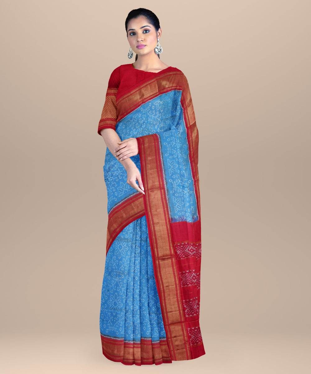 Sky blue red handwoven pochampally ikat silk saree