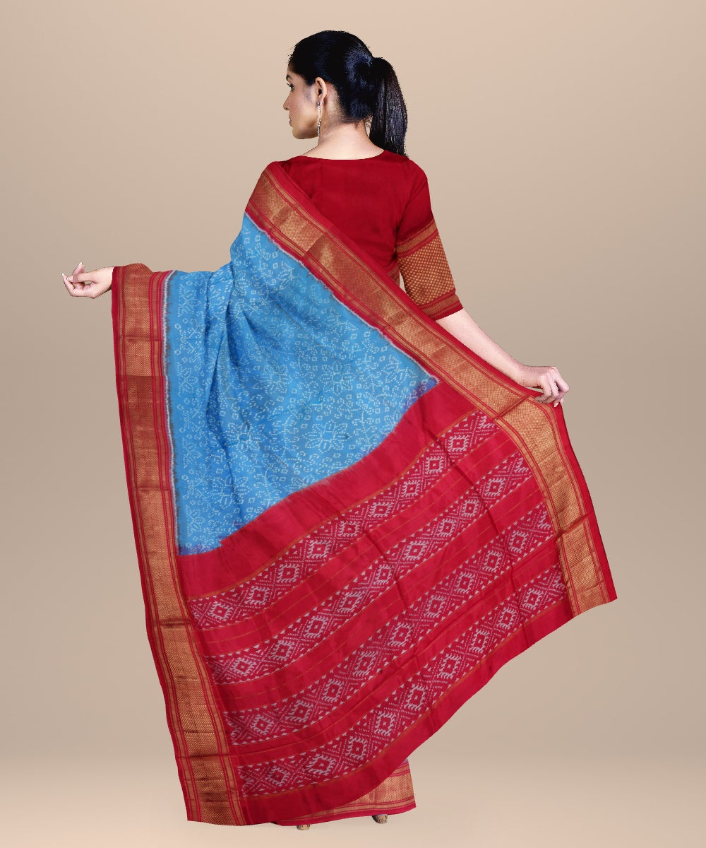 Sky blue red handwoven pochampally ikat silk saree