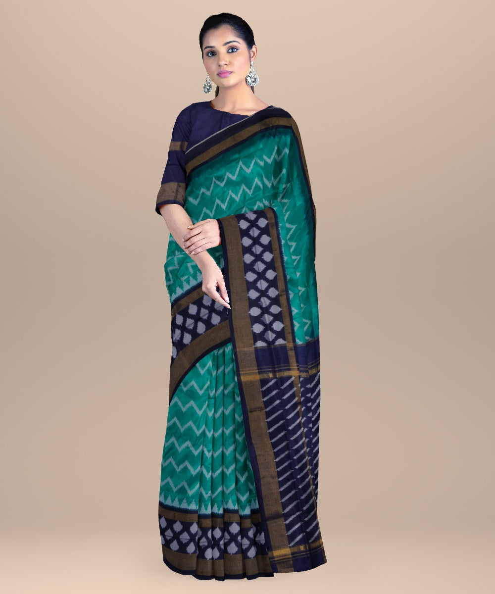 Light green black handwoven pochampally ikat silk saree