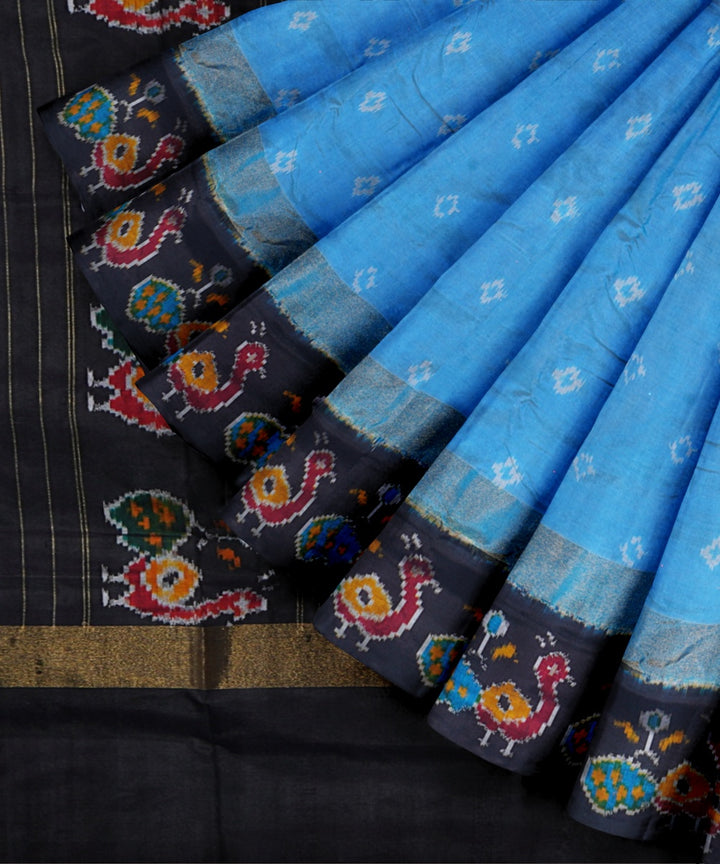 Sky blue black handwoven pochampally ikat silk saree