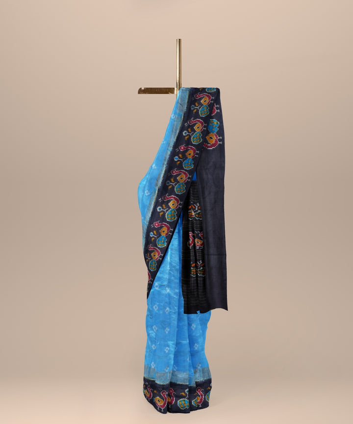 Sky blue black handwoven pochampally ikat silk saree