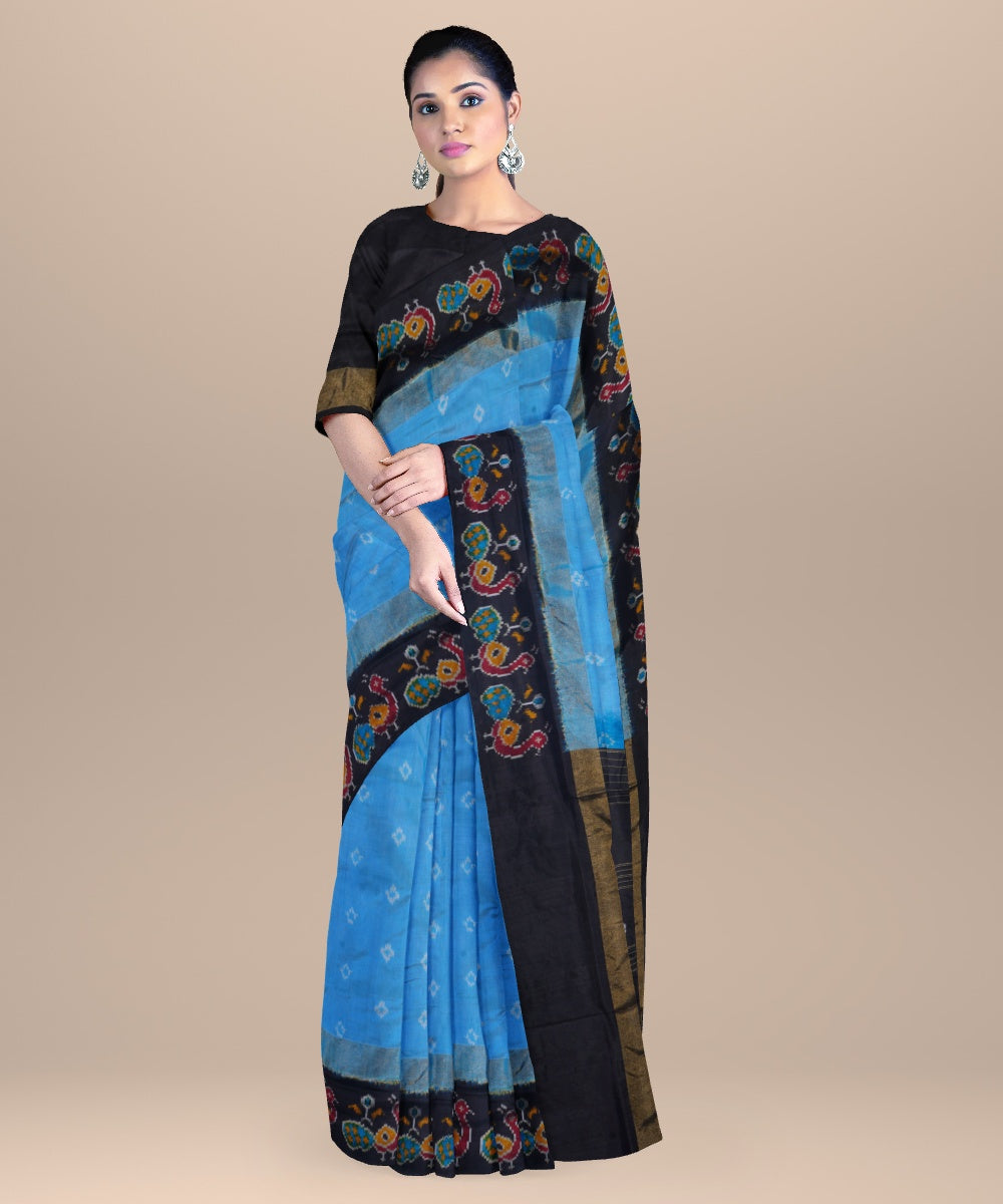 Sky blue black handwoven pochampally ikat silk saree