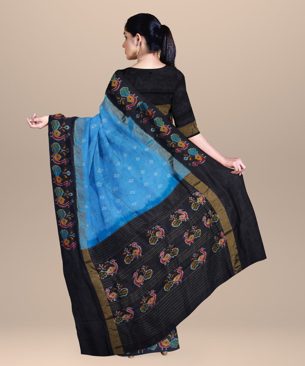 Sky blue black handwoven pochampally ikat silk saree