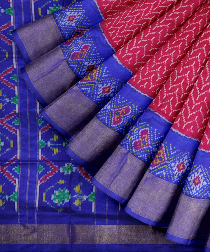 Carmine red blue handwoven pochampally ikat silk saree