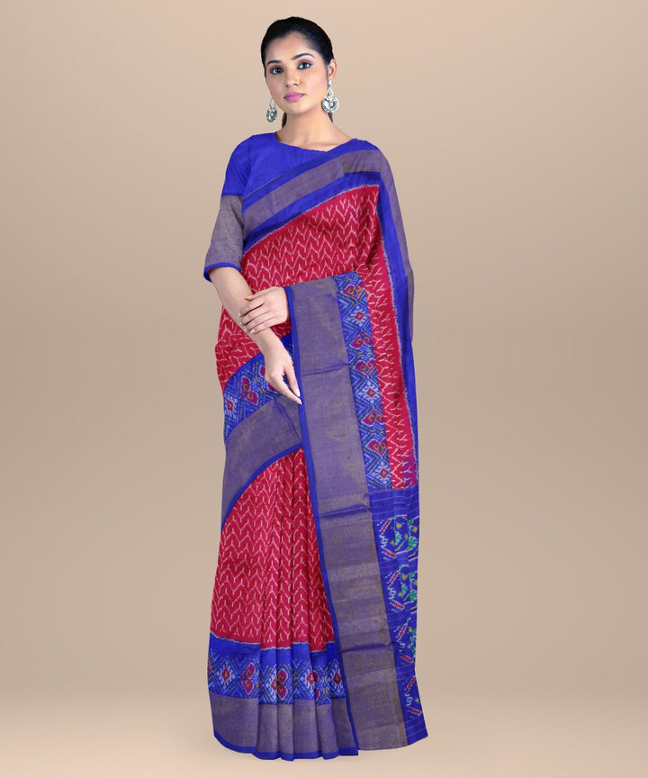 Carmine red blue handwoven pochampally ikat silk saree