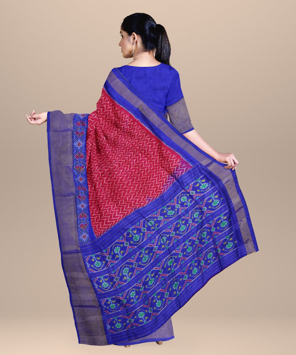 Carmine red blue handwoven pochampally ikat silk saree