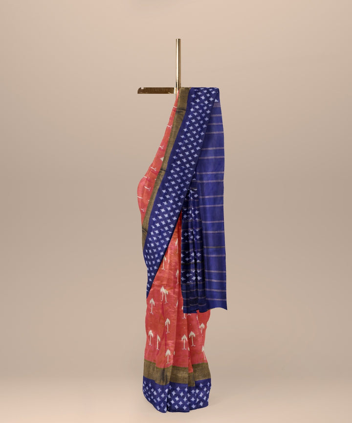 Cerise dark blue handwoven pochampally ikat silk saree