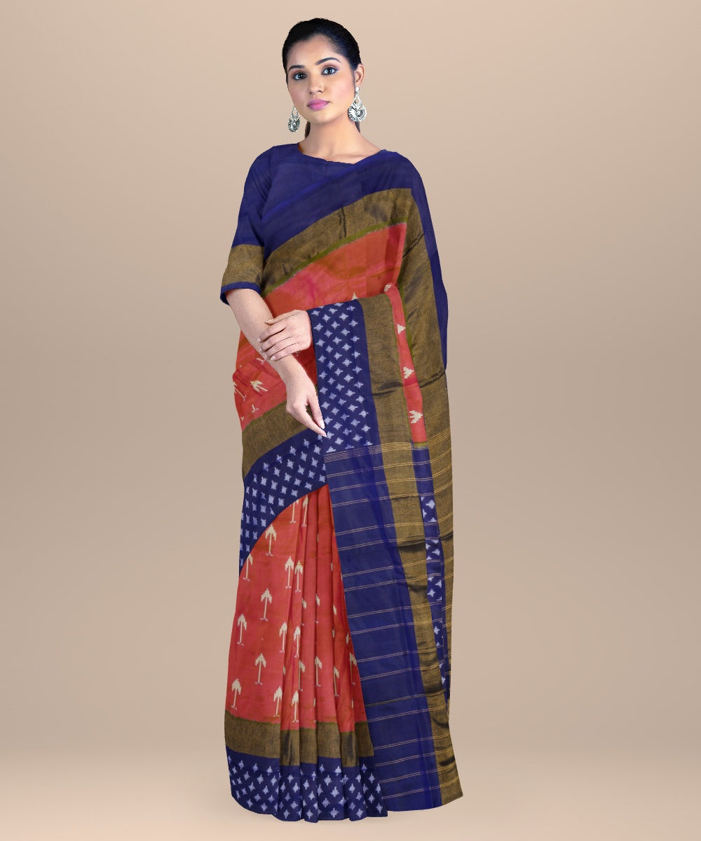 Cerise dark blue handwoven pochampally ikat silk saree