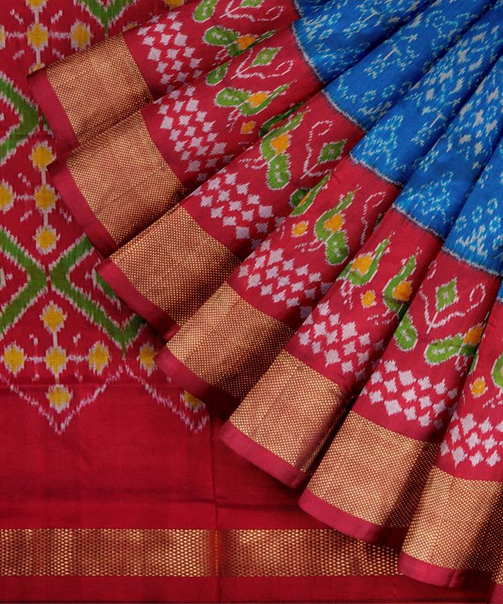 Cobalt blue cardinal red handwoven pochampally ikat silk saree