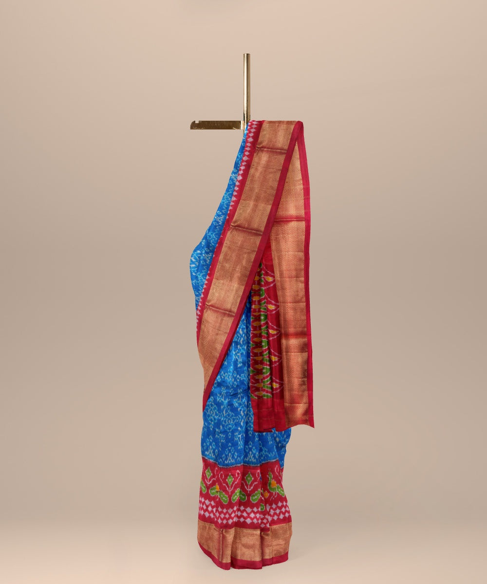 Cobalt blue cardinal red handwoven pochampally ikat silk saree