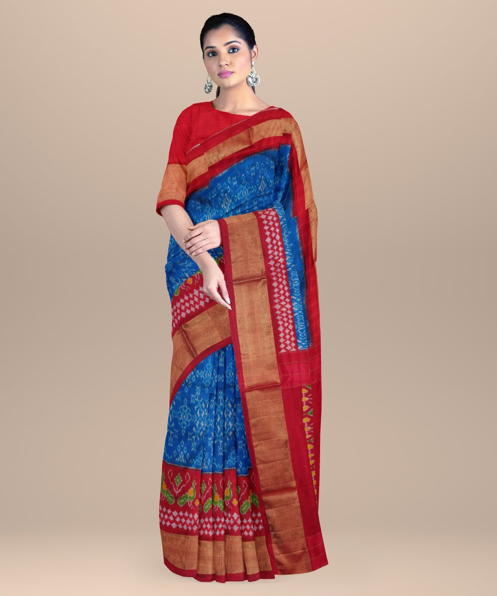 Cobalt blue cardinal red handwoven pochampally ikat silk saree