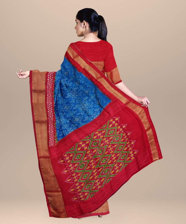 Cobalt blue cardinal red handwoven pochampally ikat silk saree