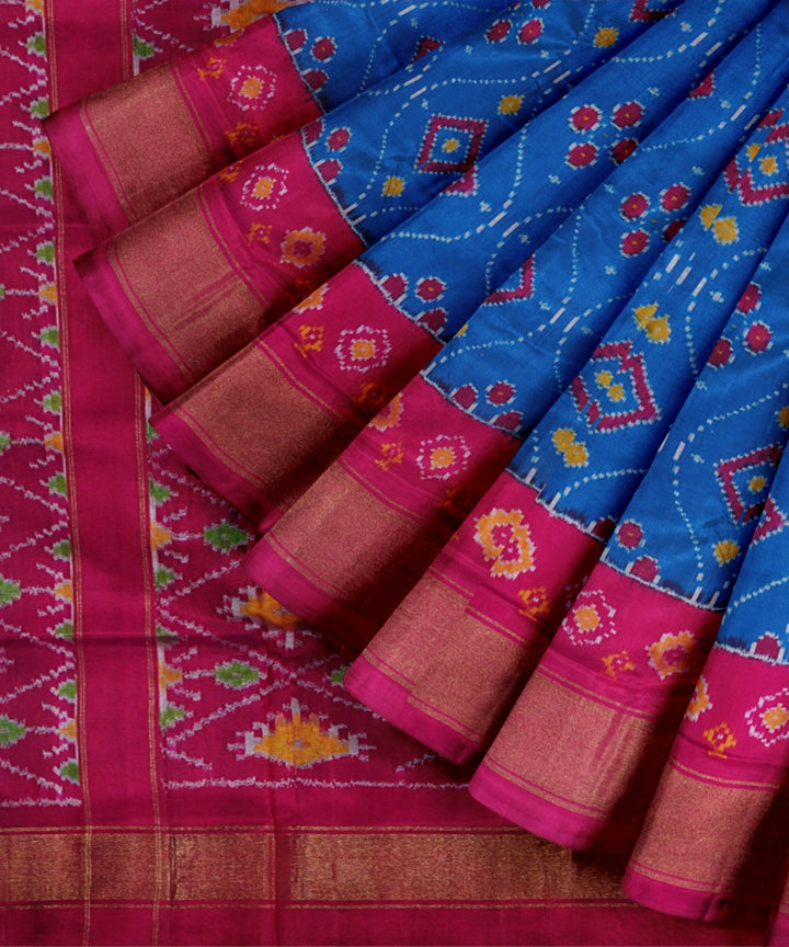 Cobalt blue dark pink handwoven pochampally ikat silk saree