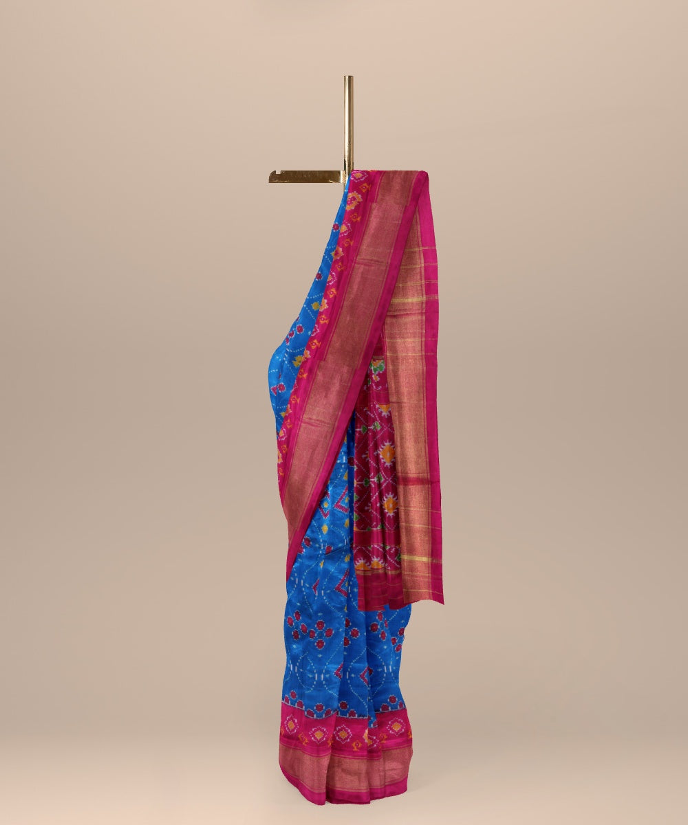 Cobalt blue dark pink handwoven pochampally ikat silk saree