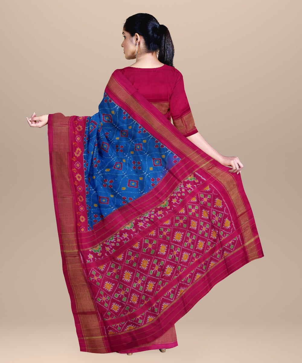 Cobalt blue dark pink handwoven pochampally ikat silk saree