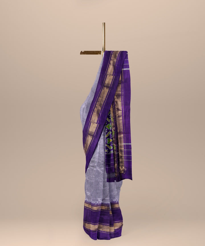 Grey midnight blue handwoven pochampally ikat silk saree