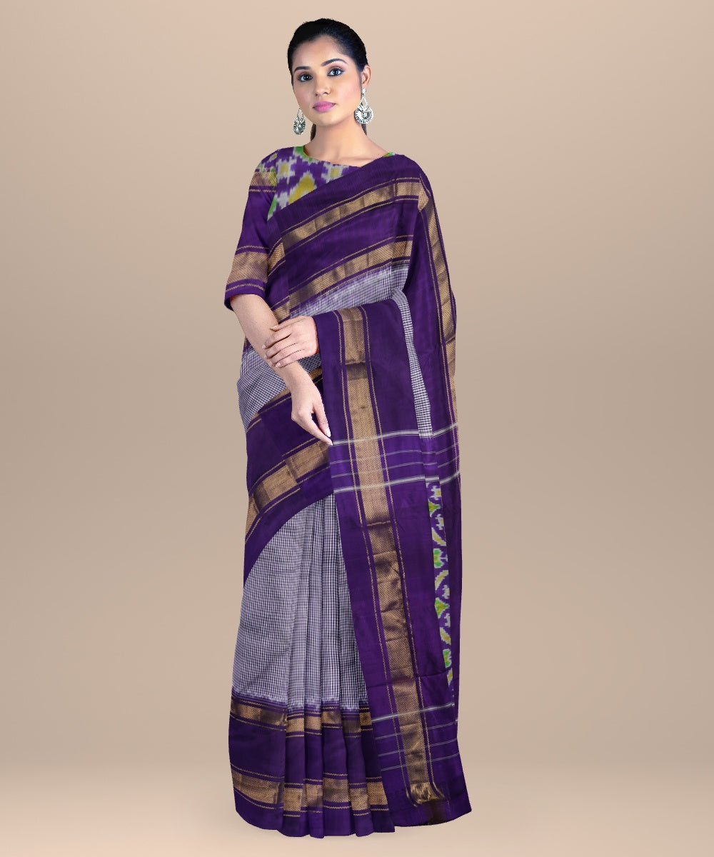 Grey midnight blue handwoven pochampally ikat silk saree