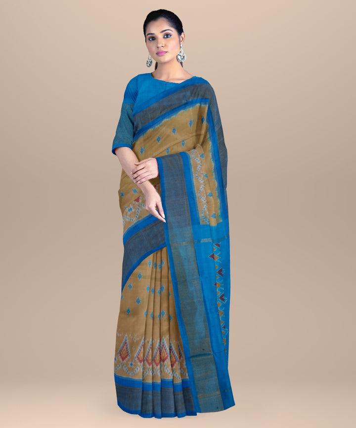 Beige neon blue handwoven pochampally ikat silk saree