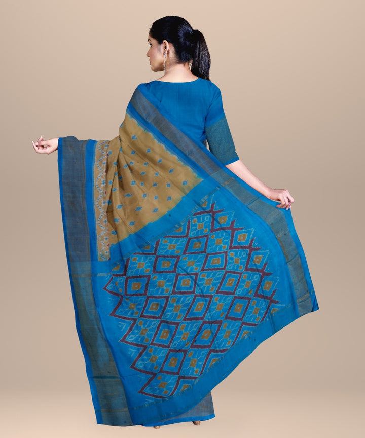 Beige neon blue handwoven pochampally ikat silk saree