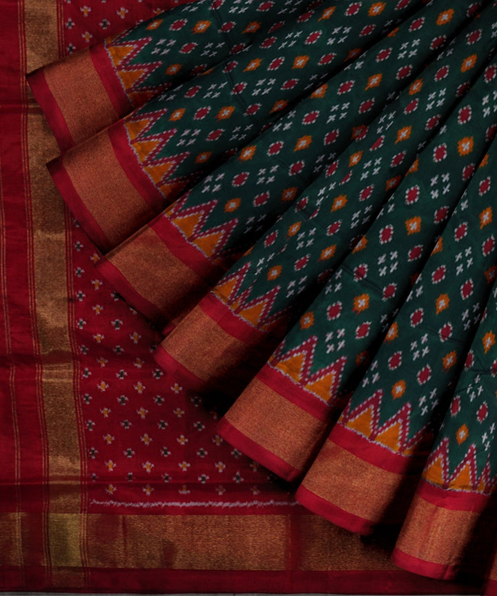 Dark green dark red handwoven pochampally ikat silk saree