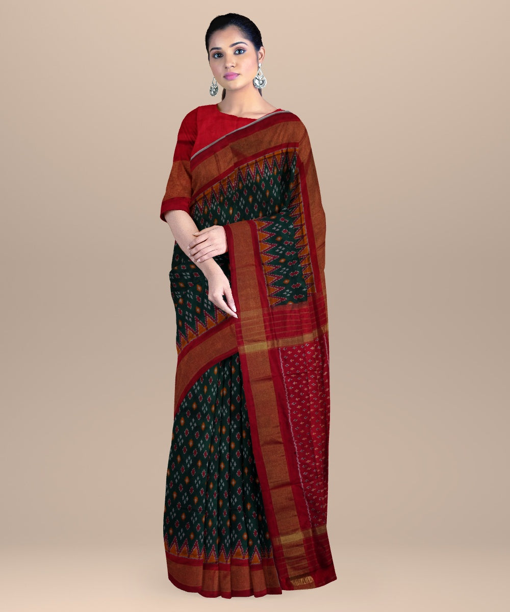 Dark green dark red handwoven pochampally ikat silk saree