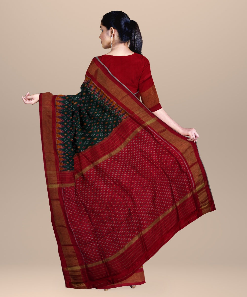 Dark green dark red handwoven pochampally ikat silk saree