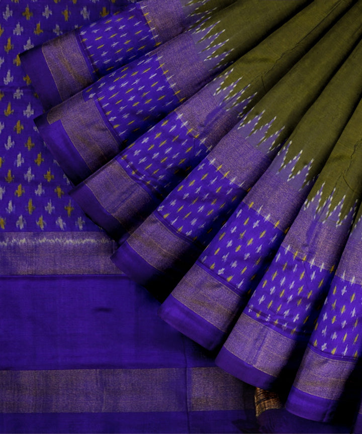 Army green navy blue handwoven pochampally ikat silk saree