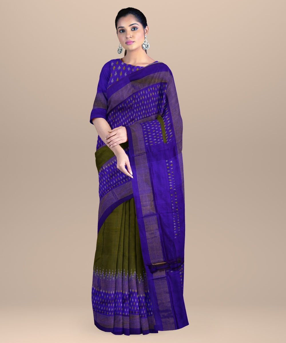 Army green navy blue handwoven pochampally ikat silk saree