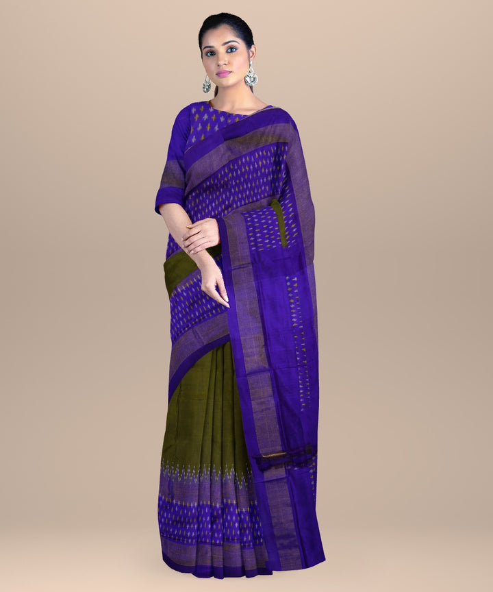 Army green navy blue handwoven pochampally ikat silk saree