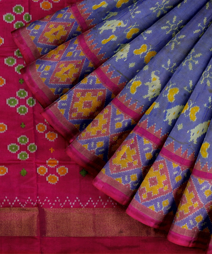 Denim blue pink handwoven pochampally ikat silk saree