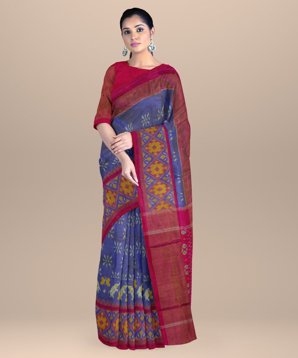 Denim blue pink handwoven pochampally ikat silk saree