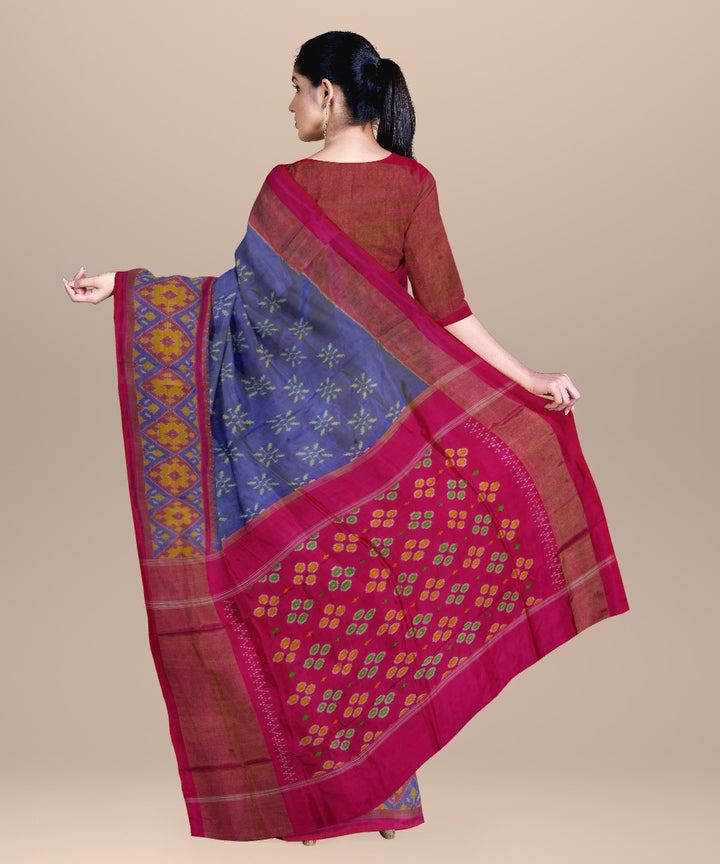 Denim blue pink handwoven pochampally ikat silk saree