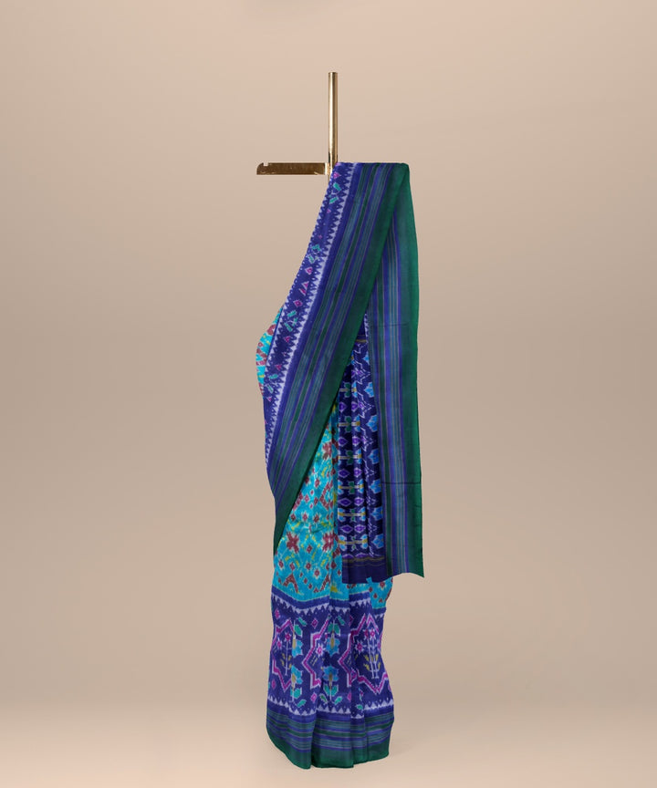 Cyan blue navy blue handwoven pochampally ikat silk saree