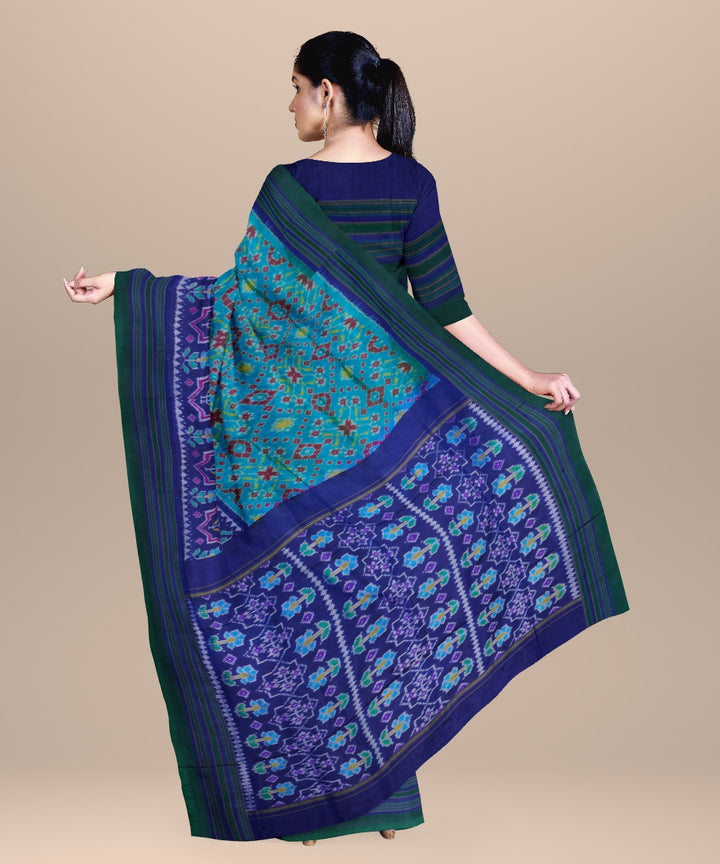 Cyan blue navy blue handwoven pochampally ikat silk saree