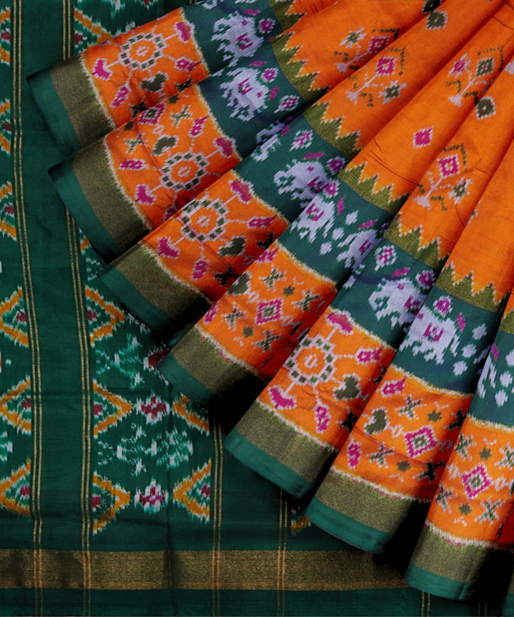 Orange dark green handwoven pochampally ikat silk saree