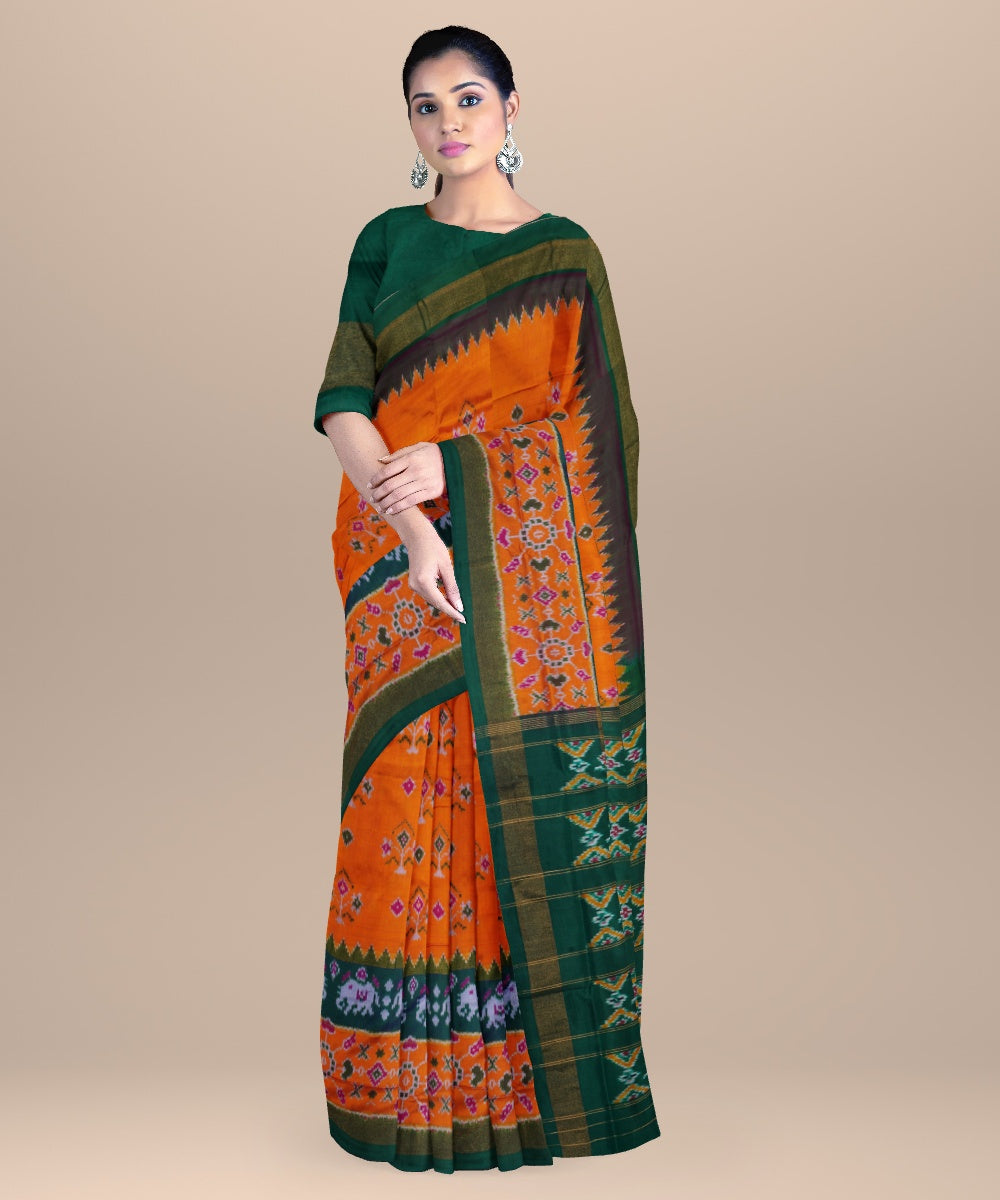 Orange dark green handwoven pochampally ikat silk saree