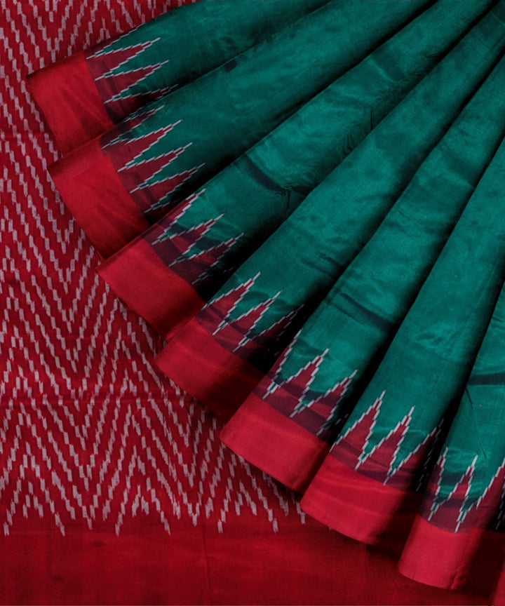 Cadmium green maroon handwoven pochampally ikat silk saree