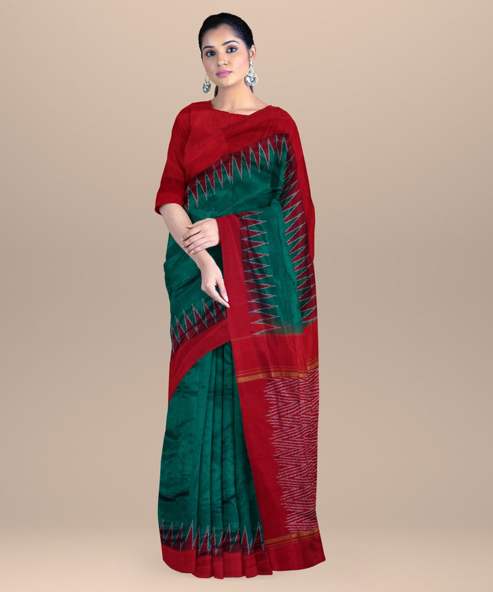 Cadmium green maroon handwoven pochampally ikat silk saree