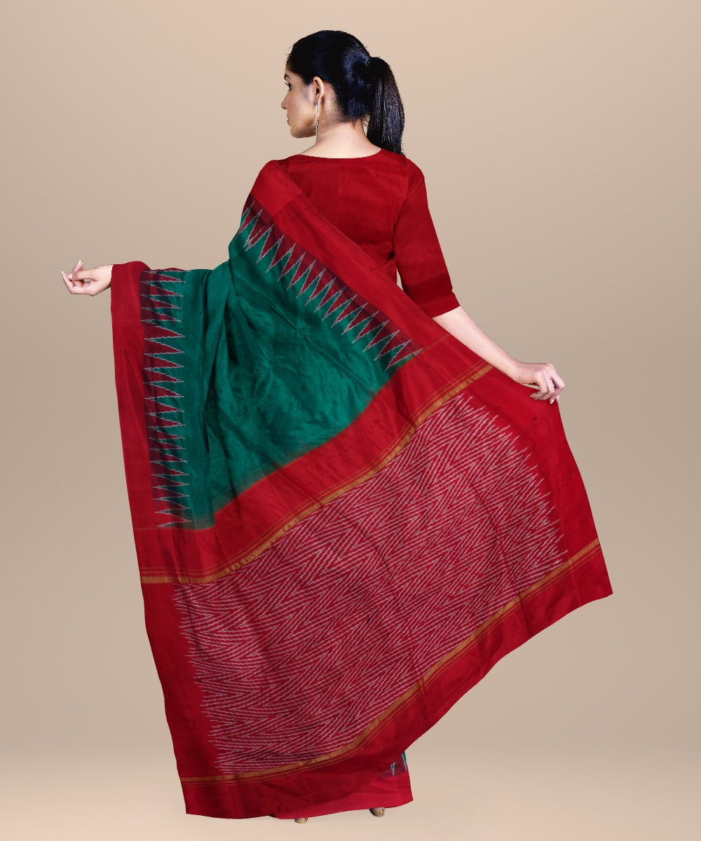Cadmium green maroon handwoven pochampally ikat silk saree
