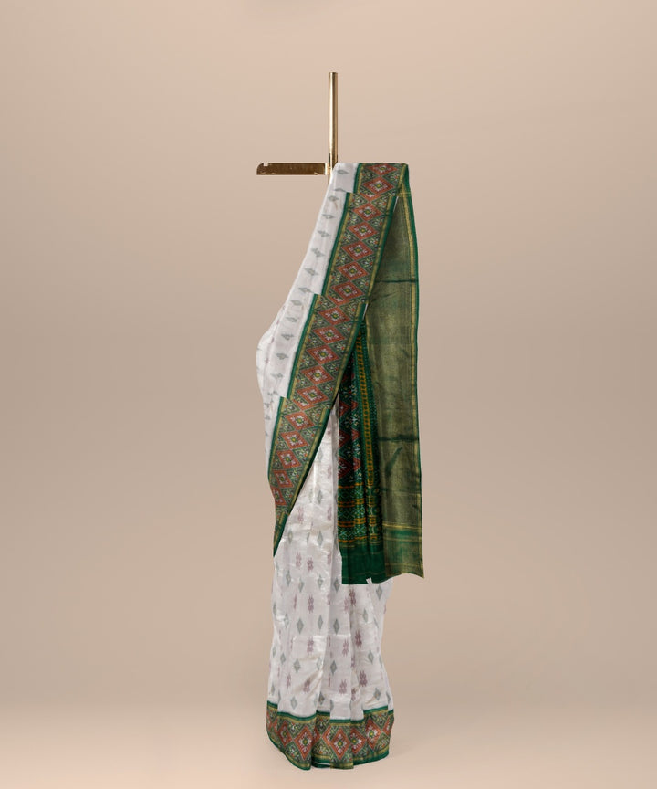 White dark green handwoven pochampally ikat silk saree