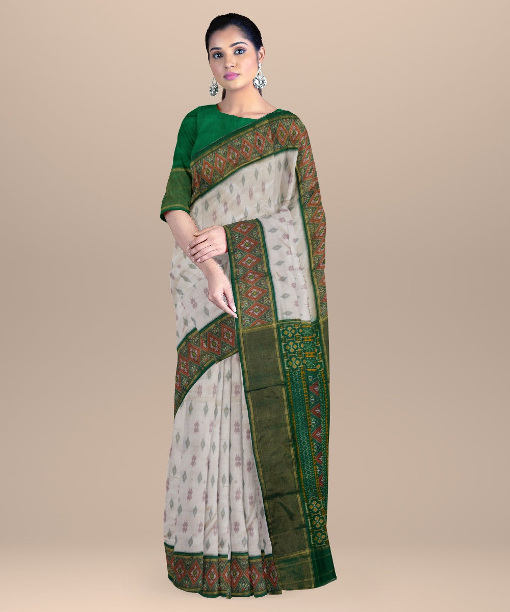 White dark green handwoven pochampally ikat silk saree