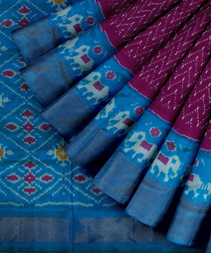 Mulberry cyan blue handwoven pochampally ikat silk saree