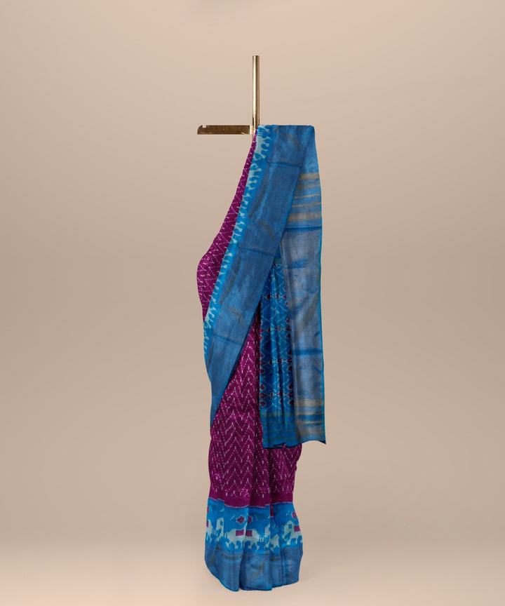 Mulberry cyan blue handwoven pochampally ikat silk saree