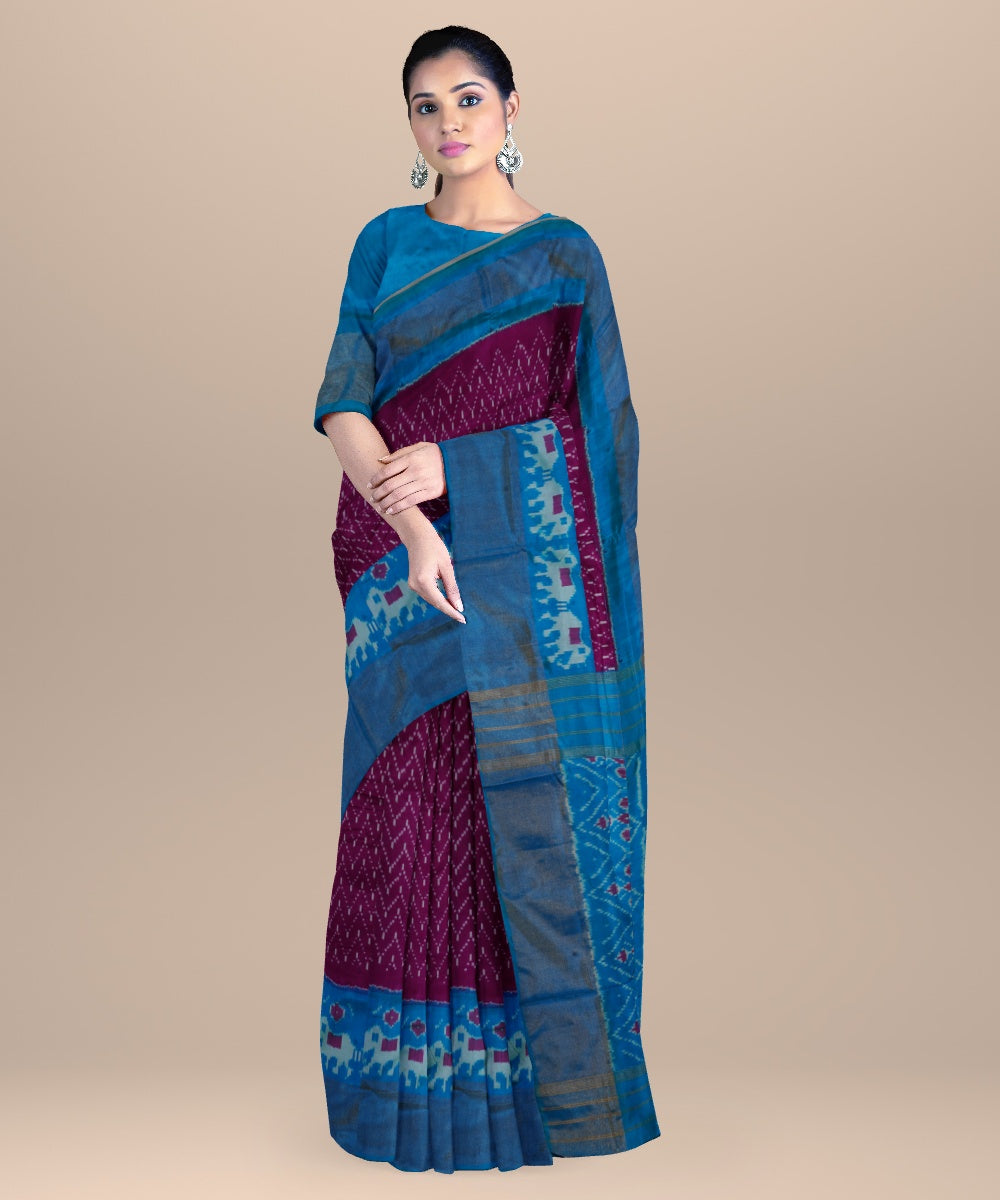 Mulberry cyan blue handwoven pochampally ikat silk saree