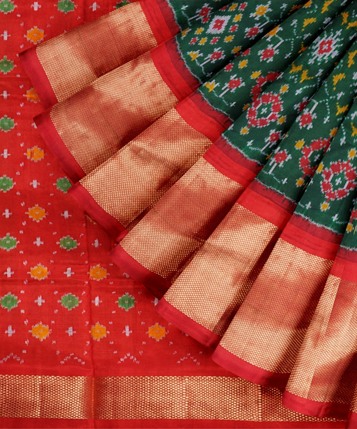 Light green crimson red handwoven pochampally ikat silk saree